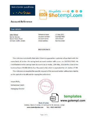 Jordan Bank of Jordan bank account balance reference letter template in Word and PDF format
