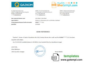 Kazakhstan Qazkom bank account balance reference letter template in Word and PDF format