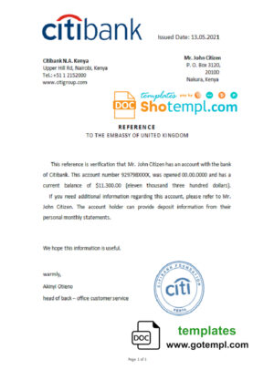 Kenya Citibank account balance reference letter template in Word and PDF format