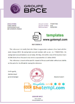 France Groupe BPCE bank account balance reference letter template in Word and PDF format
