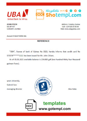Guinea UBA bank account balance reference letter template in Word and PDF format