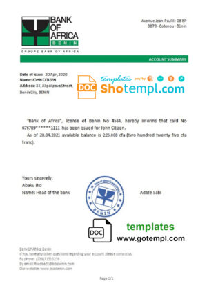 Benin Bank of Africa bank account balance reference letter template in Word and PDF format