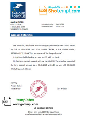 France La Banque Postale bank account balance reference letter template in Word and PDF format