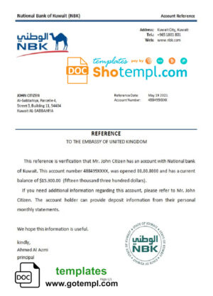 Kuwait National Bank of Kuwait bank account balance reference letter template in Word and PDF format