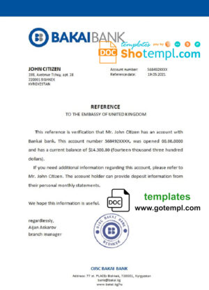 Kyrgyzstan OJSC Bakai Bank bank account balance reference letter template in Word and PDF format