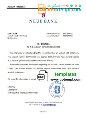 Liechtenstein Neue Bank bank account balance reference letter template in Word and PDF format