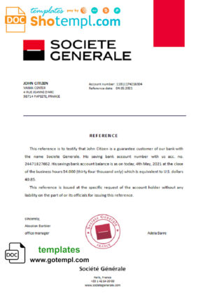 France Société Générale bank account balance reference letter template in Word and PDF format