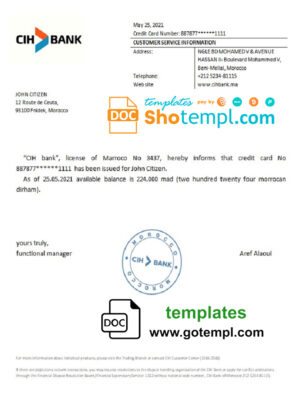 Morocco CIH Bank bank account balance reference letter template in Word and PDF format