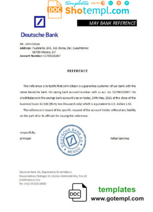 Mexico Deutsche Bank bank account balance reference letter template in Word and PDF format