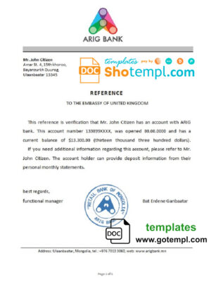 Mongolia Arig Bank bank account balance reference letter template in Word and PDF format
