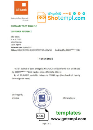 Nigeria GTBank bank account balance reference letter template in Word and PDF format