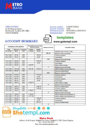 United Kingdom Metro Bank statement template in Word and PDF format
