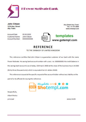 # power motivate bank template of bank reference letter, Word and PDF format (.doc and .pdf)