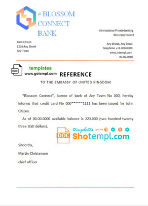 # blossom connect bank template of bank reference letter, Word and PDF format (.doc and .pdf)