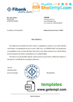 Guinea Fibank bank account balance reference letter template in Word and PDF format