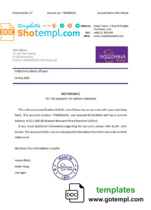 Laos Indochina Bank bank account balance reference letter template in Word and PDF format