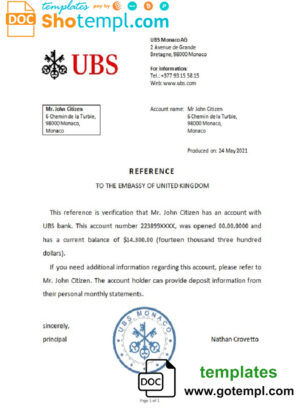 Monaco UBS bank account balance reference letter template in Word and PDF format