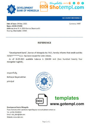 Mongolia Development Bank of Mongolia bank account balance reference letter template in Word and PDF format