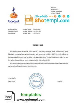 Netherlands Rabobank bank account balance certificate template in Word and PDF format