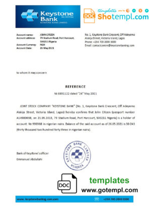 Nigeria Keystone Bank bank account balance reference letter template in Word and PDF format