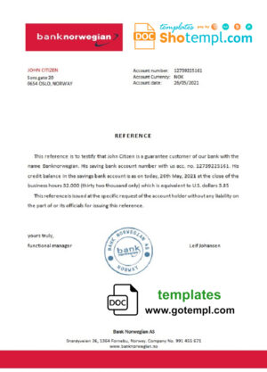 Norway Bank Norwegian bank account balance reference letter template in Word and PDF format