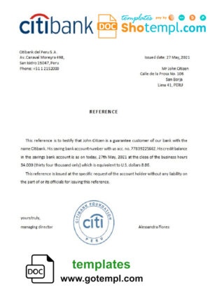 Peru Citibank bank account balance reference letter template in Word and PDF format
