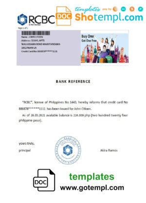 Philippines RCBC bank account balance reference letter template in Word and PDF format