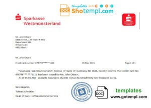 Germany Sparkasse bank account balance reference letter template in Word and PDF format
