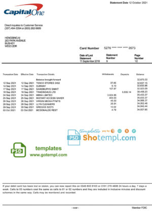 USA Capital One bank statement template, fully editable in PSD format, version 2