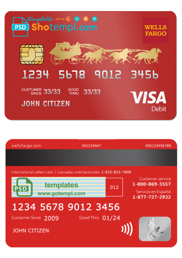 USA Wells Fargo bank visa debit card template in PSD format, fully editable