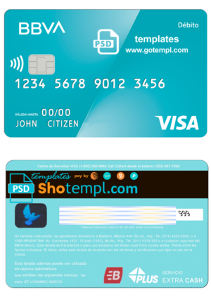 Argentinian BBVA bank visa debit card template in PSD format, fully editable, with all fonts