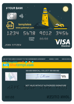 # bright lighthouse universal multipurpose bank visa electron credit card template in PSD format, fully editable
