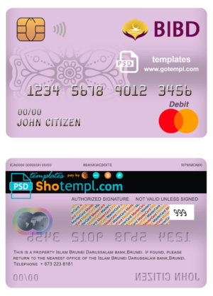 Brunei Bank Islam Brunei Darussalam bank mastercard debit card template in PSD format, fully editable