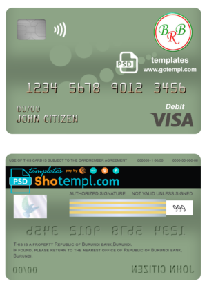 Burundi Bank of the Republic of Burundi visa card debit card template in PSD format, fully editable