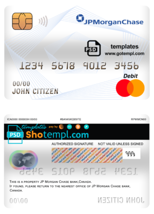 Canada JP Morgan Chase bank mastercard debit card template in PSD format, fully editable