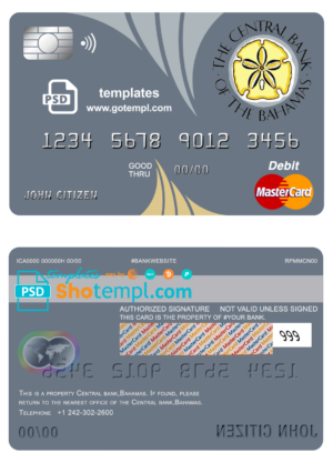 Bahamas The Central bank mastercard debit card template in PSD format, fully editable