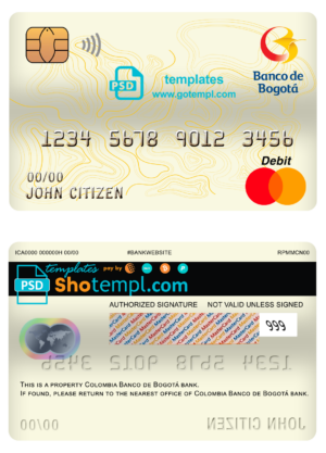 Colombia Banco de Bogotá bank mastercard debit card template in PSD format, fully editable