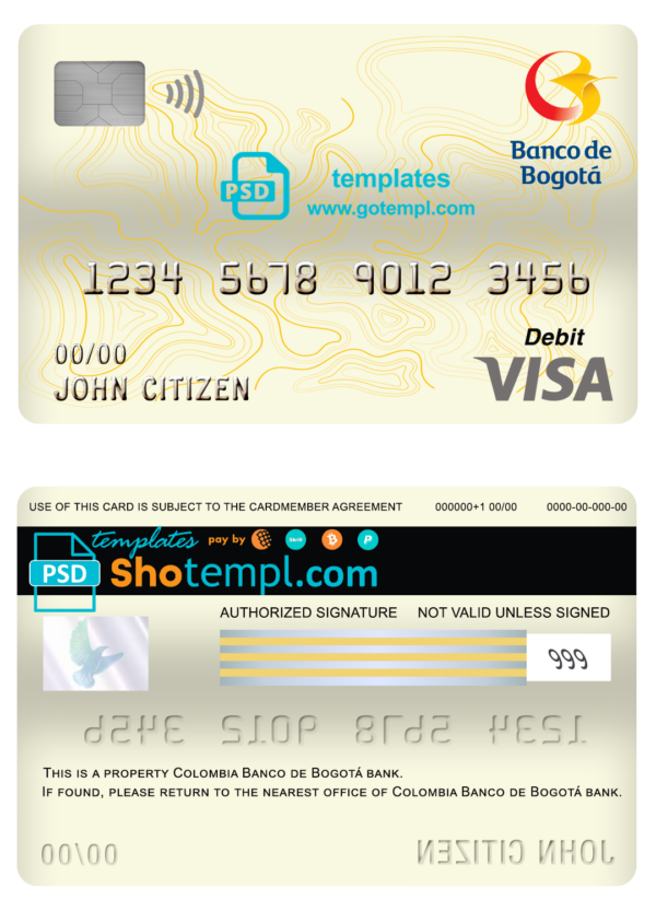 Colombia Banco de Bogotá bank visa card debit card template in PSD format, fully editable