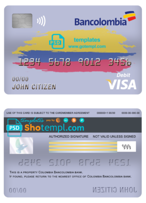 Colombia Bancolombia bank visa card debit card template in PSD format, fully editable