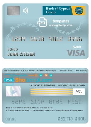 Cyprus Bank of Cyprus bank visa card debit card template in PSD format, fully editable