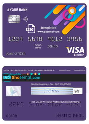 # detail line universal multipurpose bank visa electron credit card template in PSD format, fully editable
