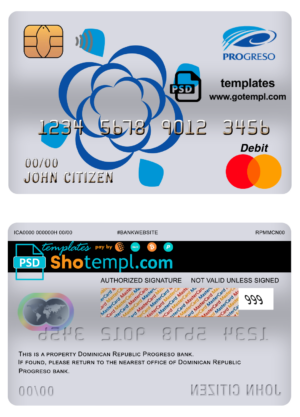 Dominican Republic Progreso bank mastercard debit card template in PSD format, fully editable