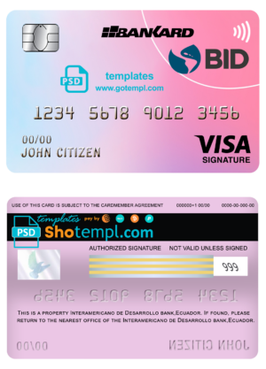 Ecuador Banco Interamericano de Desarrollo BID bank visa signature card template in PSD format, fully editable
