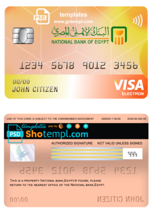 Egypt National Bank visa electron card template in PSD format, fully editable