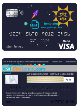 Bangladesh Sonali Bank visa card debit card template in PSD format, fully editable