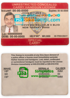 United States New York state unrestricted concealed carry license template in PSD format