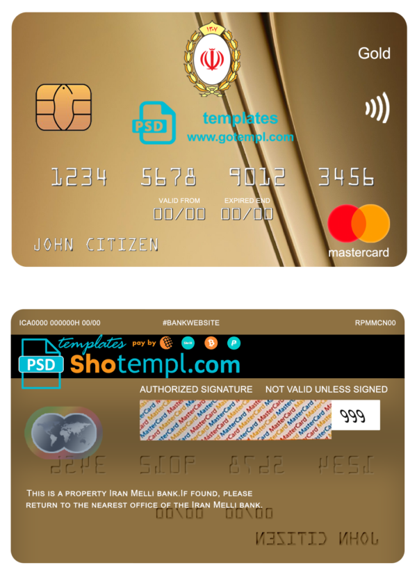 Iran Melli bank mastercard gold, fully editable template in PSD format