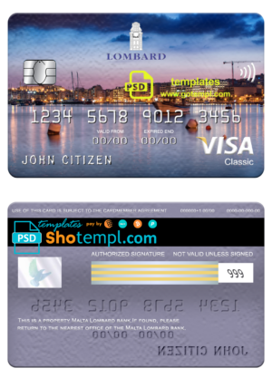 Malta Lombard bank visa classic card, fully editable template in PSD format