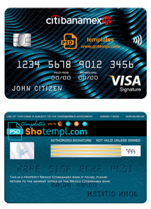 Mexico Citibanamex bank visa signature card, fully editable template in PSD format