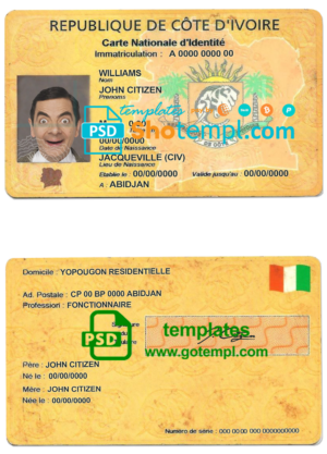 Cote D’Ivoire ID card template in PSD format, fully editable